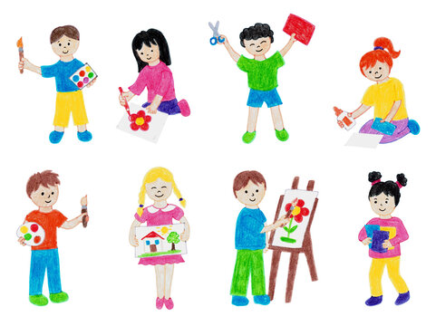 お絵かきや工作を楽しむ子どもたちの手描き素材