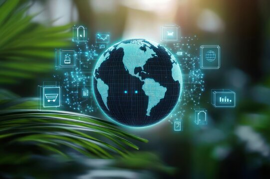 holographic digital globe hovering above lush green leaves with floating data and app icons, glowing network connections and soft bokeh light evoking futuristic connectivity and environmental harmony