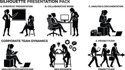 Fototapeta premium Business Presentation and Corporate Teamwork Silhouette Collection Featuring Office Collaboration Project Workflow and Professional Communication Vector Set
