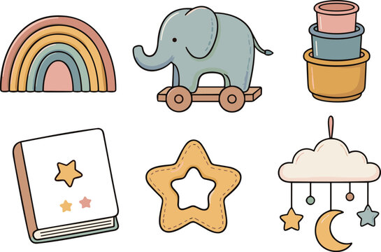 Cute boho baby toys set with wooden elephant rainbow stacking cups mobile book teether vector line art illustration.