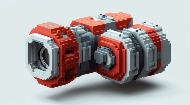hovering blocky voxel spacecraft engine module in red and light gray on pale background, isolated and minimalist, futuristic and calm