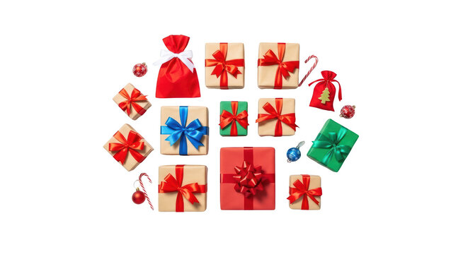 Colorful wrapped presents and bows.