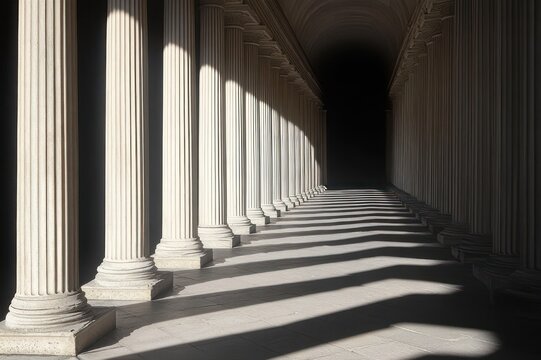 sunlit classical colonnade with long row of fluted stone columns casting diagonal shadows into a dark arched corridor, quiet and mysterious