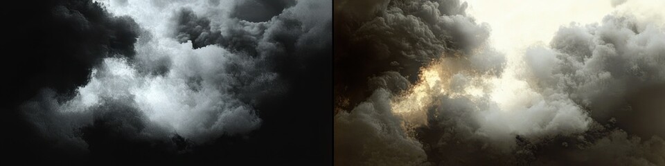 Fototapeta premium Diptych of dramatic storm clouds, left panel monochrome dark cloudscape with a luminous core, right panel warm golden-lit turbulent clouds evoking tension and awe
