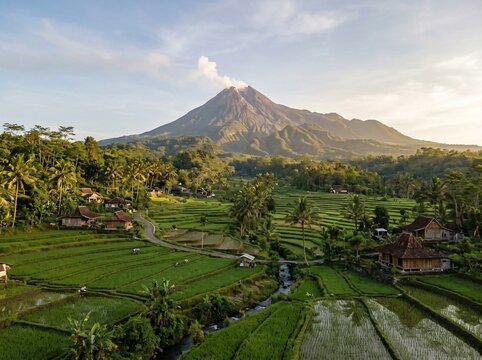 Mount Merapi volcano and rice terraces in Java Indonesia