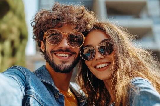 young couple close together taking a selfie outdoors, warm affectionate moment with sunlit urban background