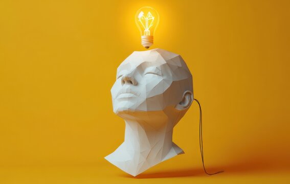 geometric white bust with blurred face and glowing light bulb connected by cord on yellow background expressing inspiration and creative eureka