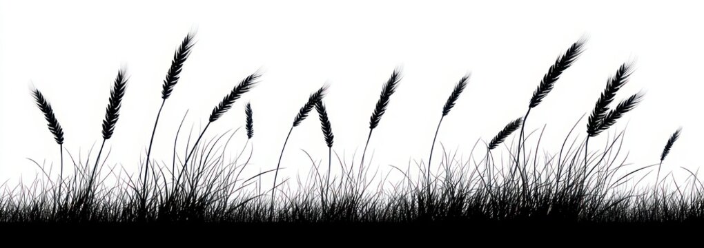 windswept silhouette of tall grass and wheat stalks with seed heads in a serene black and white minimalist panorama