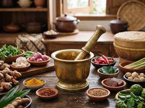 Traditional Indonesian mortar and pestle with various spices