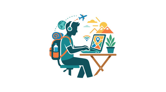 Vector illustration of a digital nomad working on a laptop.