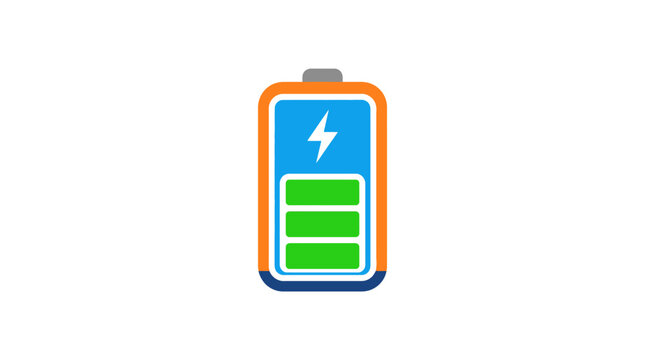 Battery charging icon with green energy level and lightning symbol
