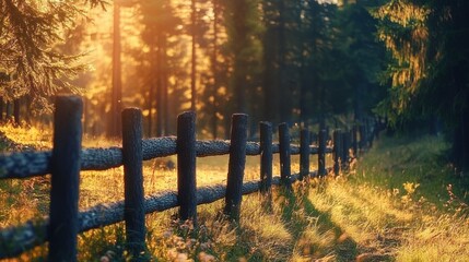 Obraz premium sunlit wooden fence along a grassy forest edge with tall evergreen trees and warm golden rays creating a peaceful, tranquil atmosphere