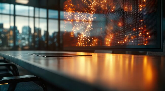 Sleek modern conference room with long wooden table, row of chairs, large glowing orange particle data display, city skyline through floor-to-ceiling windows, futuristic focused atmosphere