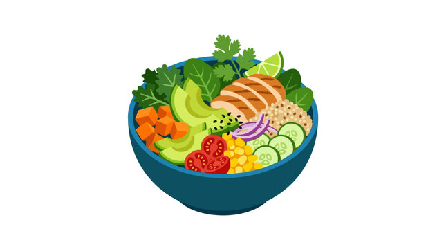 A colorful and healthy food bowl with grilled chicken and fresh vegetables.