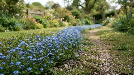Fototapeta premium Path lined with small blue flowers in a vibrant garden during daytime