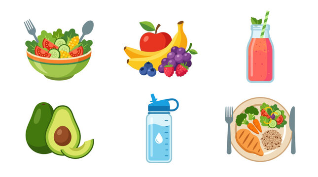 Collection of healthy food and drink elements for a balanced diet.