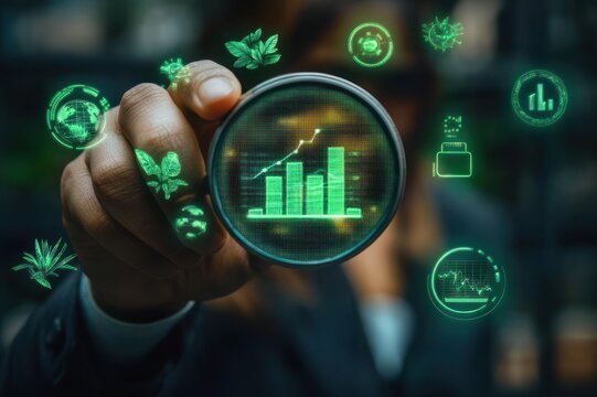 hand holding magnifying glass over glowing green holographic bar chart with floating leaf, globe and data icons, blurred suited figure in background, focused investigative optimism
