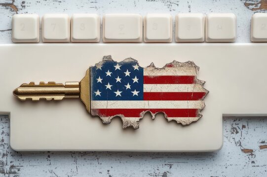 worn brass key with torn stars-and-stripes painted head resting on a white computer keyboard atop chipped painted wood, evoking nostalgia and guarded patriotism