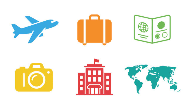 Colorful travel and tourism icons set on white background
