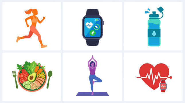 Healthy lifestyle icons: running, smart watch, water bottle, food, yoga, heart