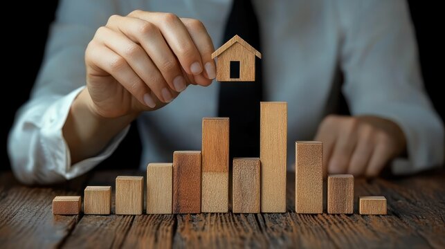 person in suit placing a small wooden house on top of a rising wooden block bar chart on a rustic table, conveying confident investment and upward growth