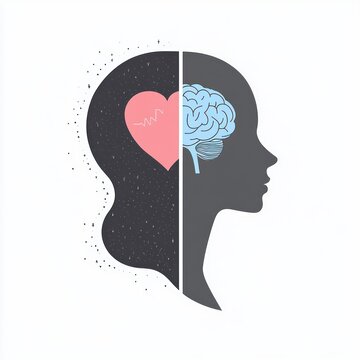 Split human profile with dark textured left side containing a pink heart and heartbeat line and a gray right side showing a blue brain, conveying balance between emotion and reason