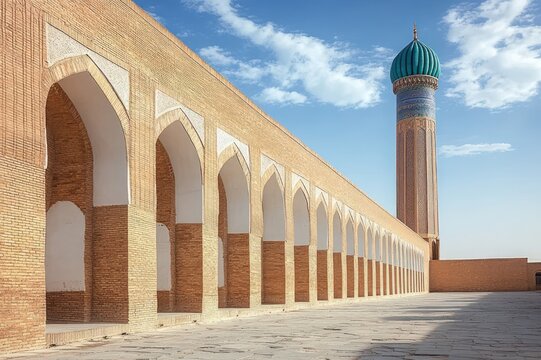 sunlit courtyard with long row of brick arches and a tall ornate turquoise-topped minaret under a clear blue sky, serene and grand