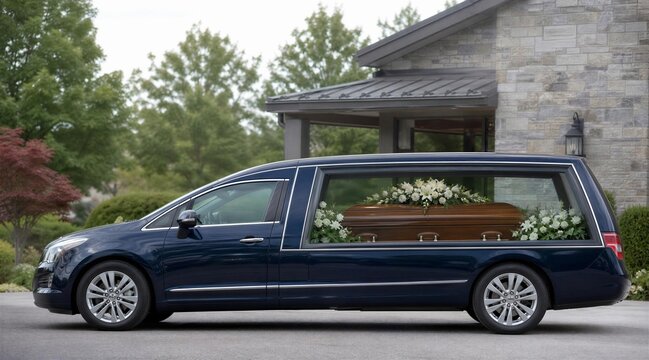 Hearse With Casket and White Funeral Flowers