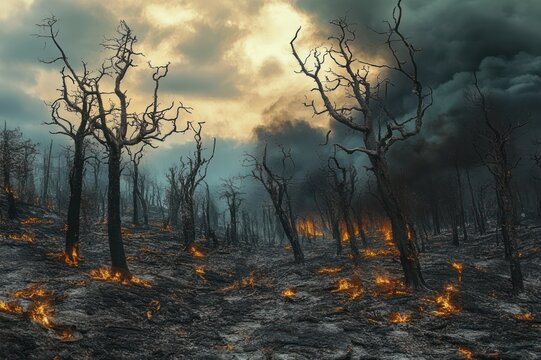 charred leafless trees and smoldering ground fires under a smoky stormy sky, an eerie desolate burned forest conveying devastation and bleak apocalyptic mood