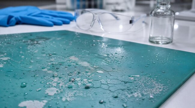 Chemical Spill on Laboratory Bench With Safety Gear