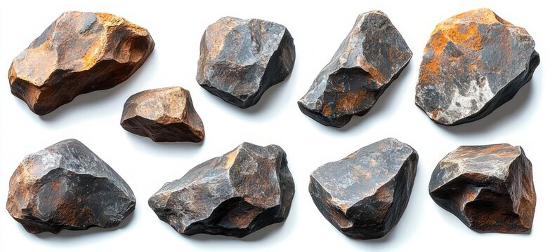 Ten rugged iron-stained rocks with rough textured surfaces arranged on white background, raw earthy mineral specimens conveying rugged natural strength