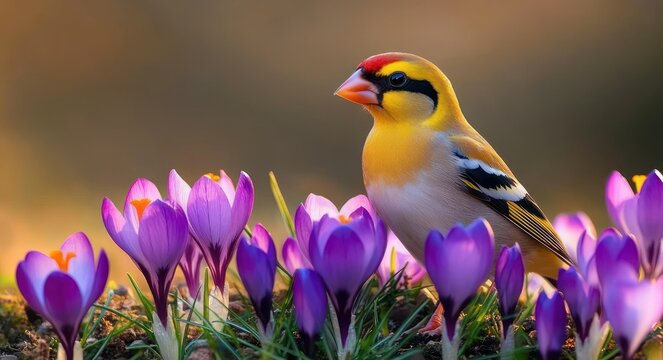 bright yellow songbird with red forehead perched among purple crocus flowers in soft golden morning light, peaceful and joyful
