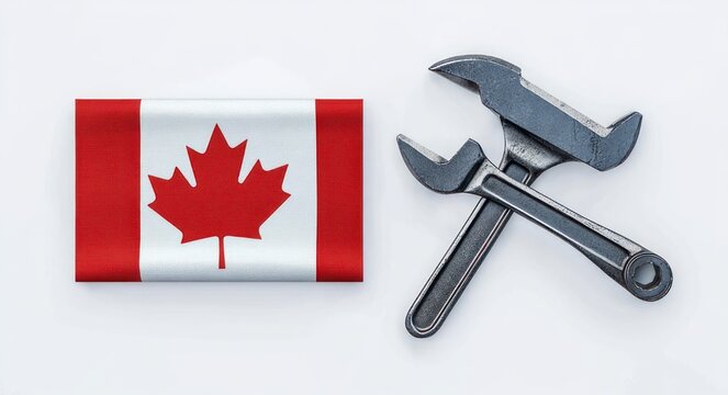 Canadian flag beside crossed metal wrench and adjustable spanner expressing industrial pride and labor solidarity