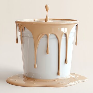 white paint bucket overflowing with smooth beige paint, elegant drips and a suspended droplet in a minimalist glossy scene conveying calm fluid motion