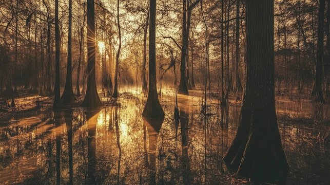 Golden sunset light streams through a mysterious swamp forest with reflections on the water surface