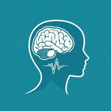 profile silhouette of a human head outlined in white containing a detailed brain illustration and a heartbeat waveform on teal background, evoking calm introspection and scientific focus
