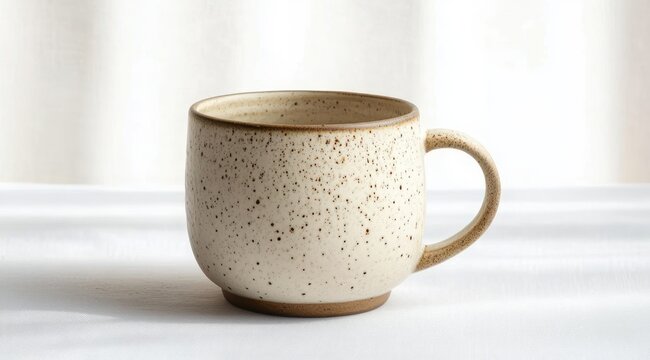 speckled ceramic stoneware mug with handle on white tablecloth and soft backlit curtain, calm cozy minimalist mood