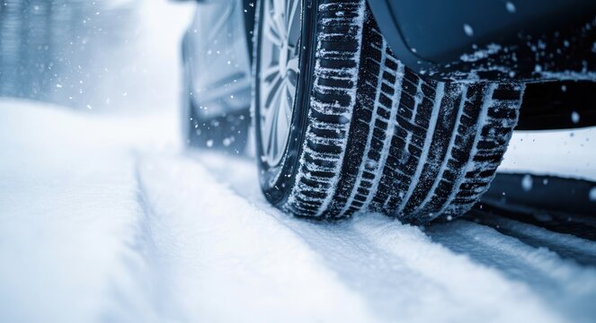 close-up of car tire gripping a snowy road with visible tread, falling snow and tire tracks conveying cautious winter driving