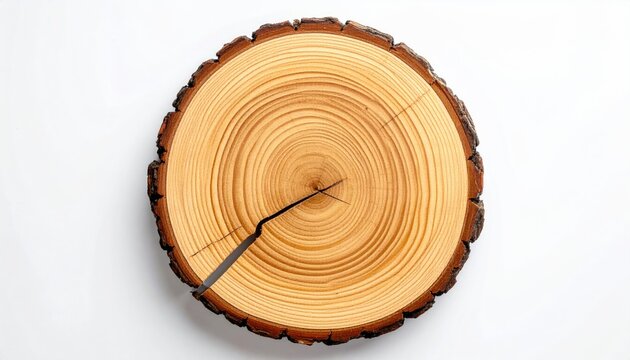 A cross-section of a tree trunk with concentric rings, forming a rustic clock face