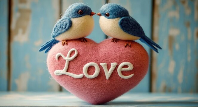 Two blue felt birds perched on a pink heart with the word Love in white script, touching beaks in a sweet romantic scene against a worn pale blue wooden background