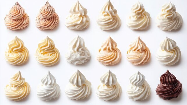twenty piped frosting swirls arranged in a neat grid showing vanilla, cream, caramel and chocolate tones on a clean white background, orderly and appetizing