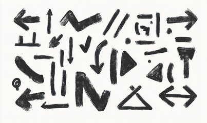 Fototapeta premium dynamic hand-painted black arrows, check marks, slashes, triangles, dots and bold brush marks on white background conveying energetic spontaneous motion