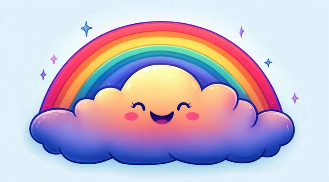 smiling happy cloud with rosy cheeks beneath a bright multicolored rainbow and tiny sparkles, cheerful pastel cartoon illustration