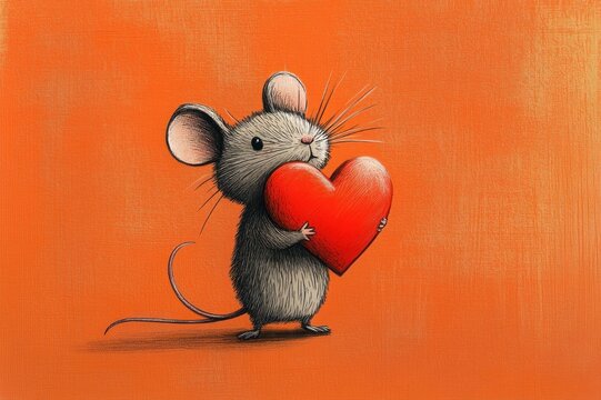 adorable gray mouse standing on an orange textured background holding a red heart, conveying warmth and love