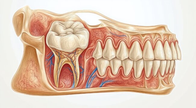 detailed medical illustration of a sagittal cross-section of the human jaw and teeth showing a molar with roots, nerves, blood vessels, gum tissue and bone, clinical and educational