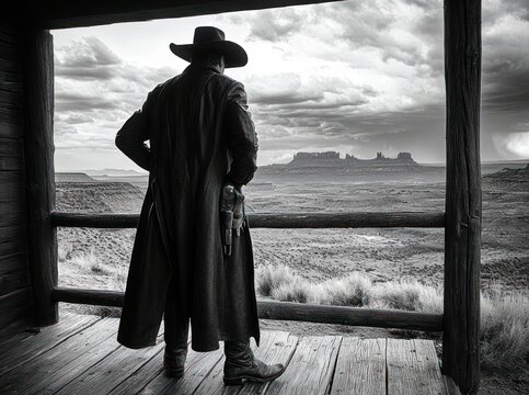 Solitary cowboy in a long coat and wide-brim hat stands on a wooden porch overlooking vast desert mesas under dramatic storm clouds, contemplative and watchful
