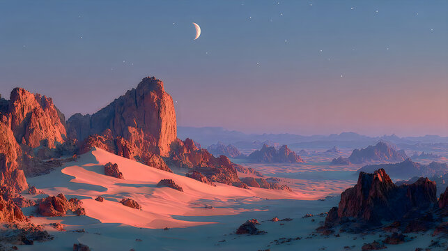 Breathtaking moonlit desert panorama dramatic rocky peaks fantasy Wallpapers