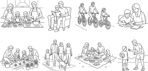 Obraz premium Family Activities Vector Illustrations Showing Cooking, Reading, Cycling, Gardening, and Outdoor Bonding