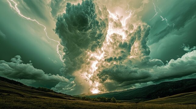 Lightning storm illuminates massive cumulonimbus clouds over a dark, rolling landscape during twilight