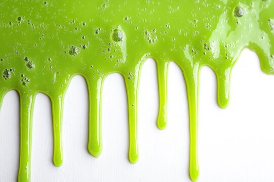 bright lime green glossy liquid dripping with bubbles over white background, playful fresh messy texture